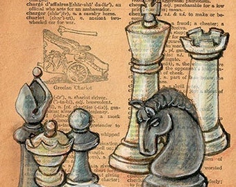 PRINT:  Chess Mixed Media Distressed Dictionary Drawing