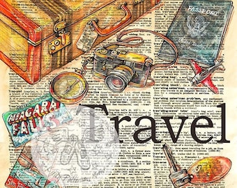 PRINT:  Travel Mixed Media Drawing on Distressed, Antique Dictionary Page