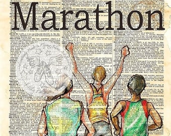 PRINT:  Marathon Mixed Media Drawing on Antique Dictionary Page