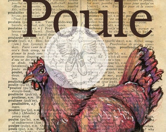 print:  Poule (French Chicken) Mixed Media Drawing on Antique Dictionary