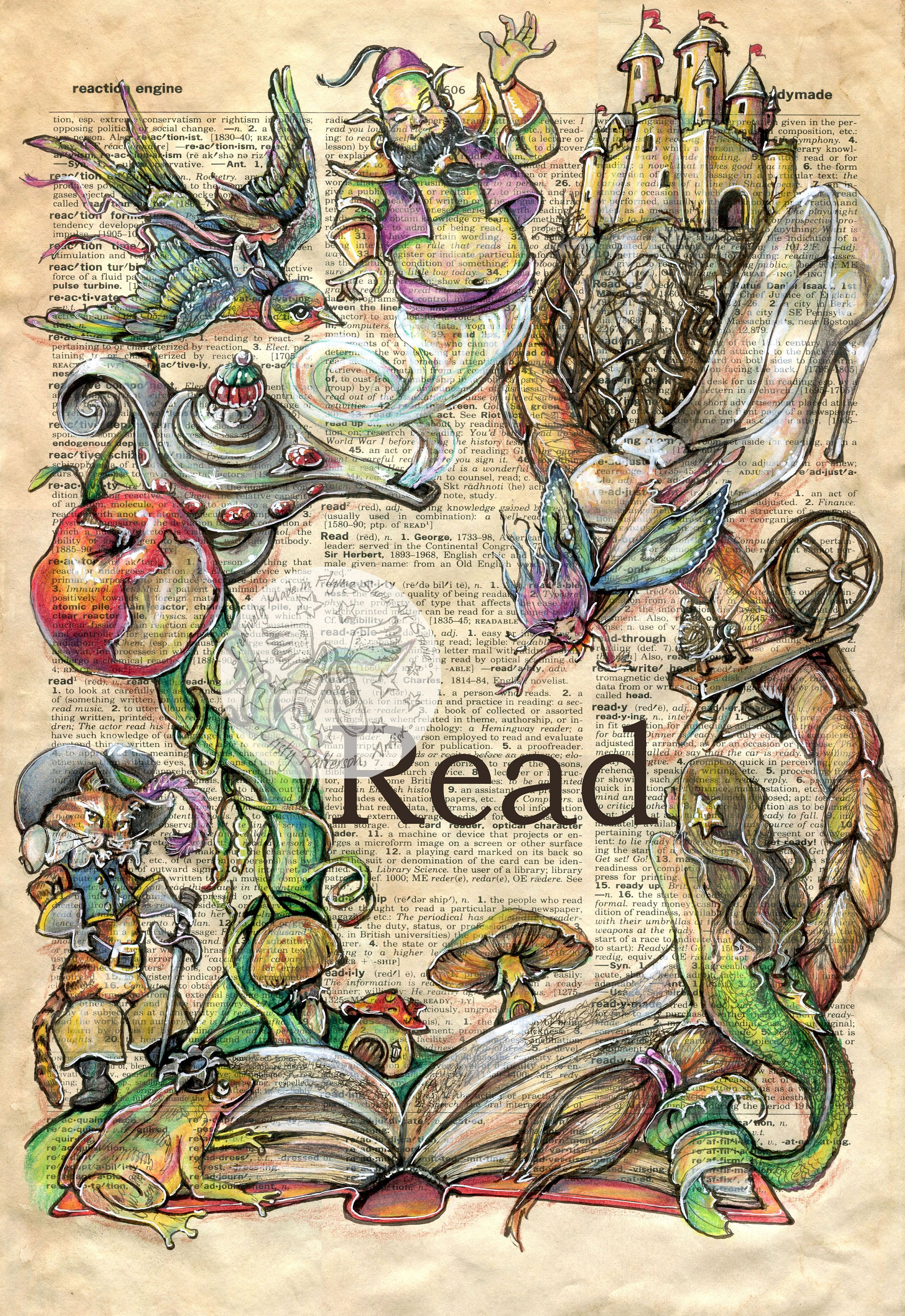 PRINT Read Mixed Media Drawing on Antique Dictionary Page Etsy