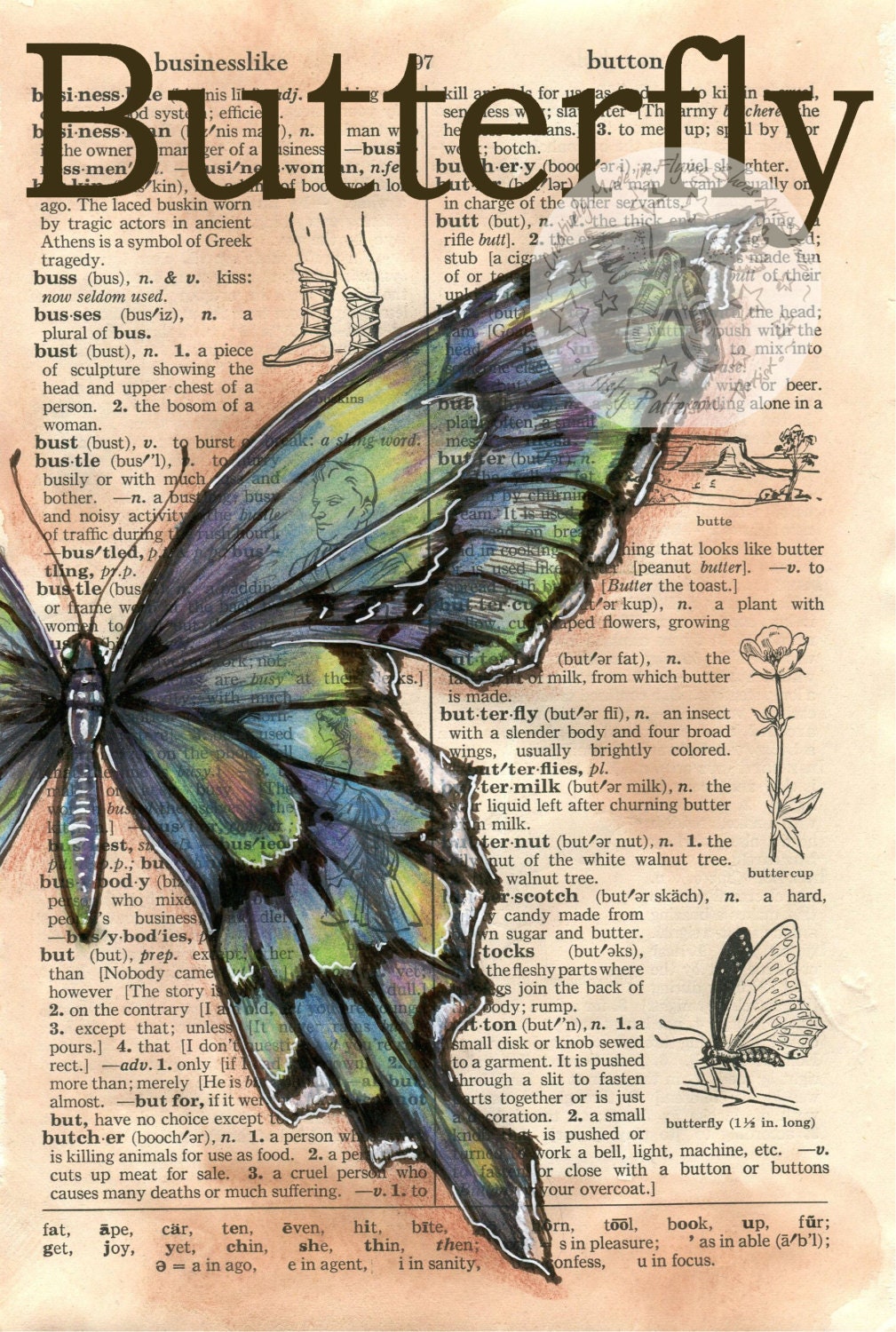 PRINT: Blue Green Butterfly Mixed Media Drawing on Distressed