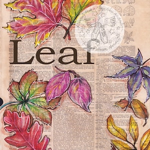 May include: Colorful leaf art print on a vintage dictionary page. The artwork features various leaves in shades of red, yellow, purple, and green. The word "Leaf" is prominently displayed. The background is a dictionary page.