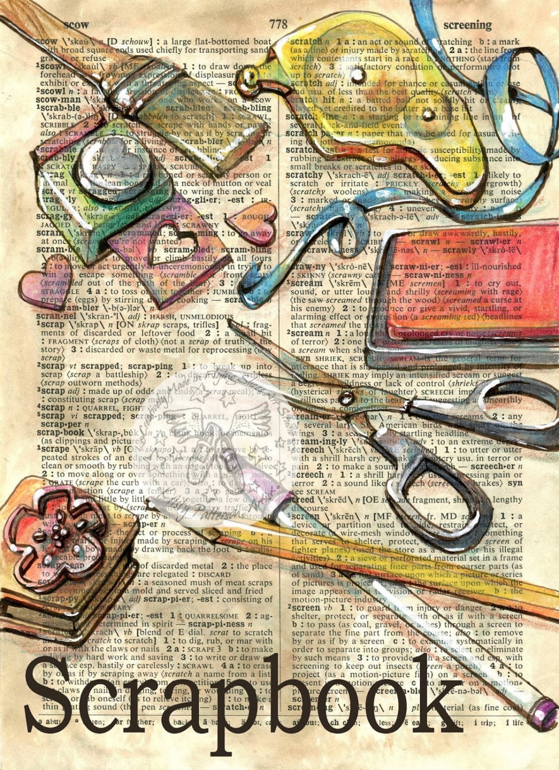 PRINT Scrapbook Mixed Media Drawing on Distressed, Dictionary Page Etsy