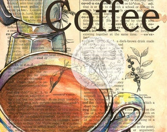 PRINT:  Coffee Mixed Media Drawing on Dictionary Page