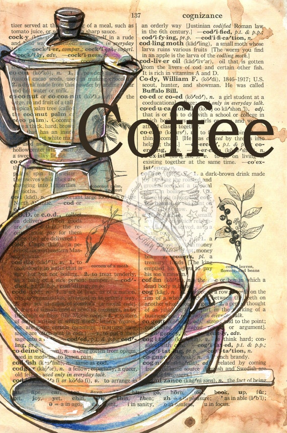 IMPRIMER: Dessin de techniques mixtes de café sur la page du dictionnaire -   France