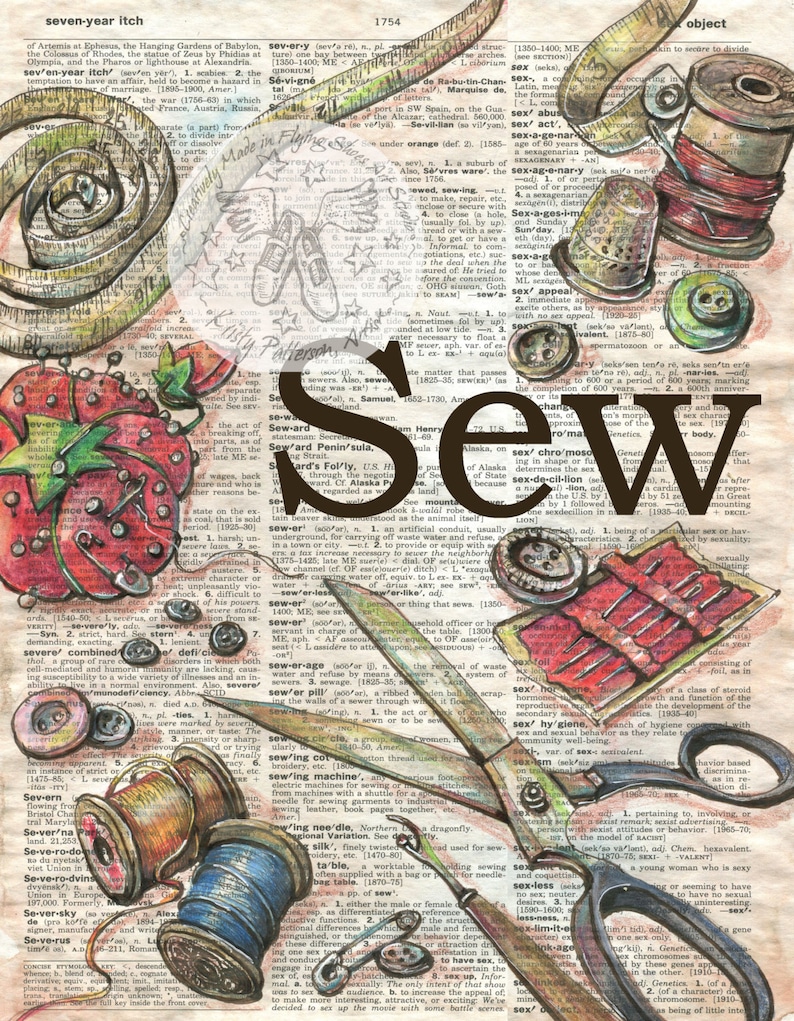 PRINT: Sewing Tools Mixed Media Drawing on Distressed, Dictionary Page image 1