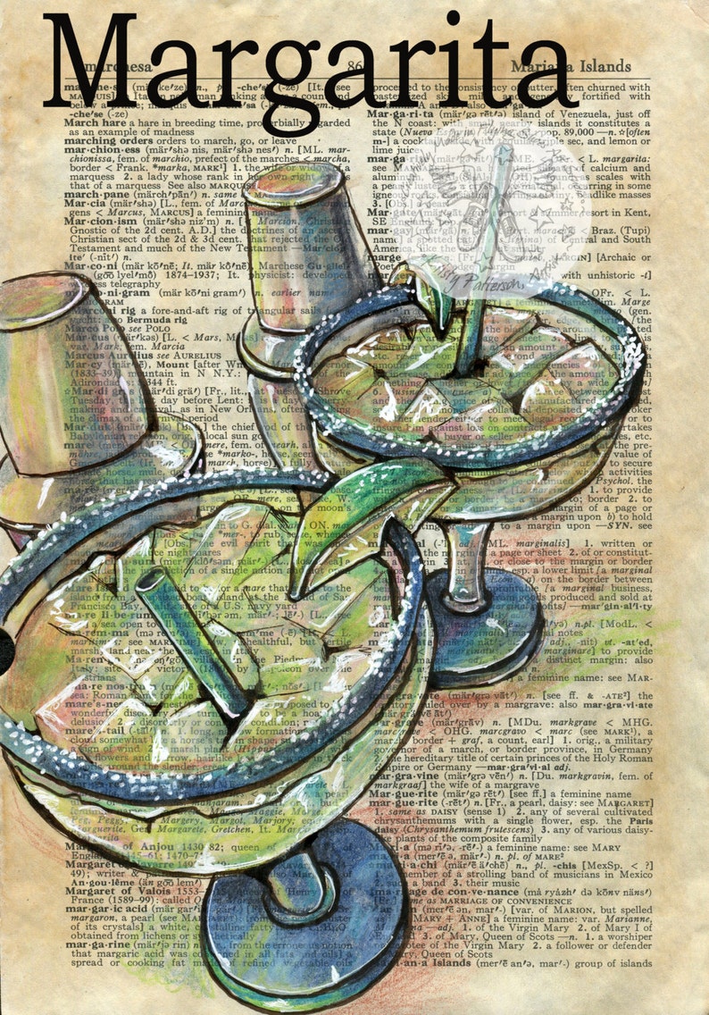PRINT Margarita Mixed Media Drawing on Antique Dictionary Etsy