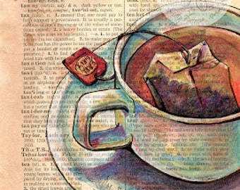 PRINT:  Tea Mixed Media Drawing on Distressed, Dictionary Page