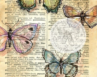 PRINT:  Papillon Mixed Media Drawing on French/English Dictionary