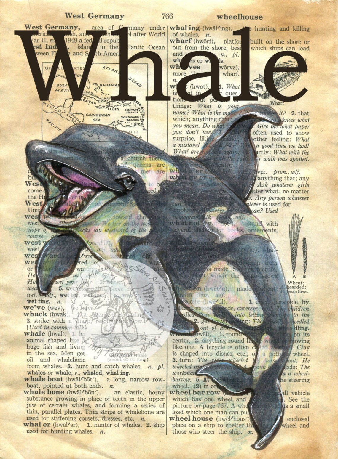 PRINT Whale Mixed Media Drawing on Antique Dictionary Etsy