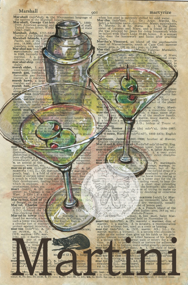 PRINT Martini Mixed Media Drawing on Antique Dictionary Etsy