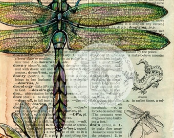 PRINT:  Dragonfly Mixed Media Drawing on Distressed, Dictionary Page