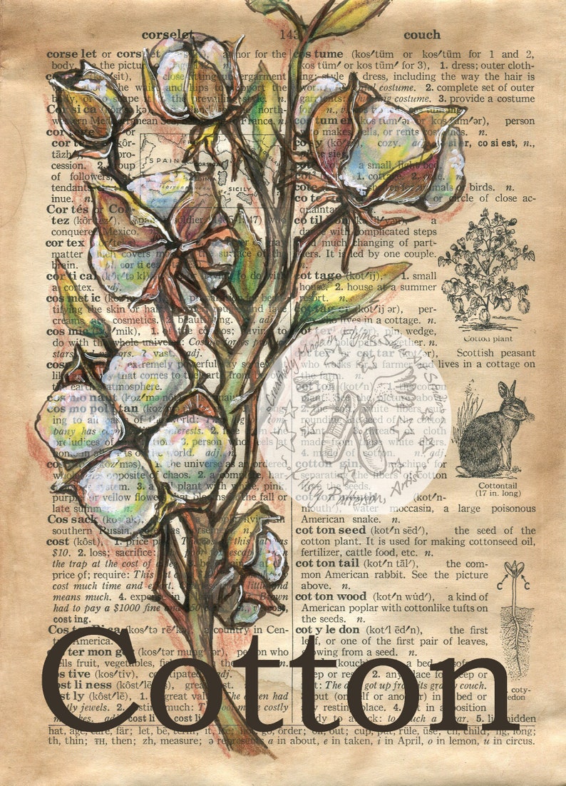 PRINT Cotton Mixed Media Drawing on Antique Dictionary Etsy