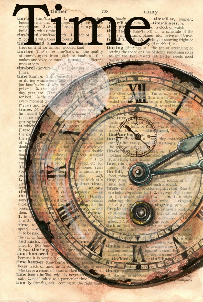 PRINT: Clock Face Time Mixed Media Drawing on Distressed, Dictionary Page image 1