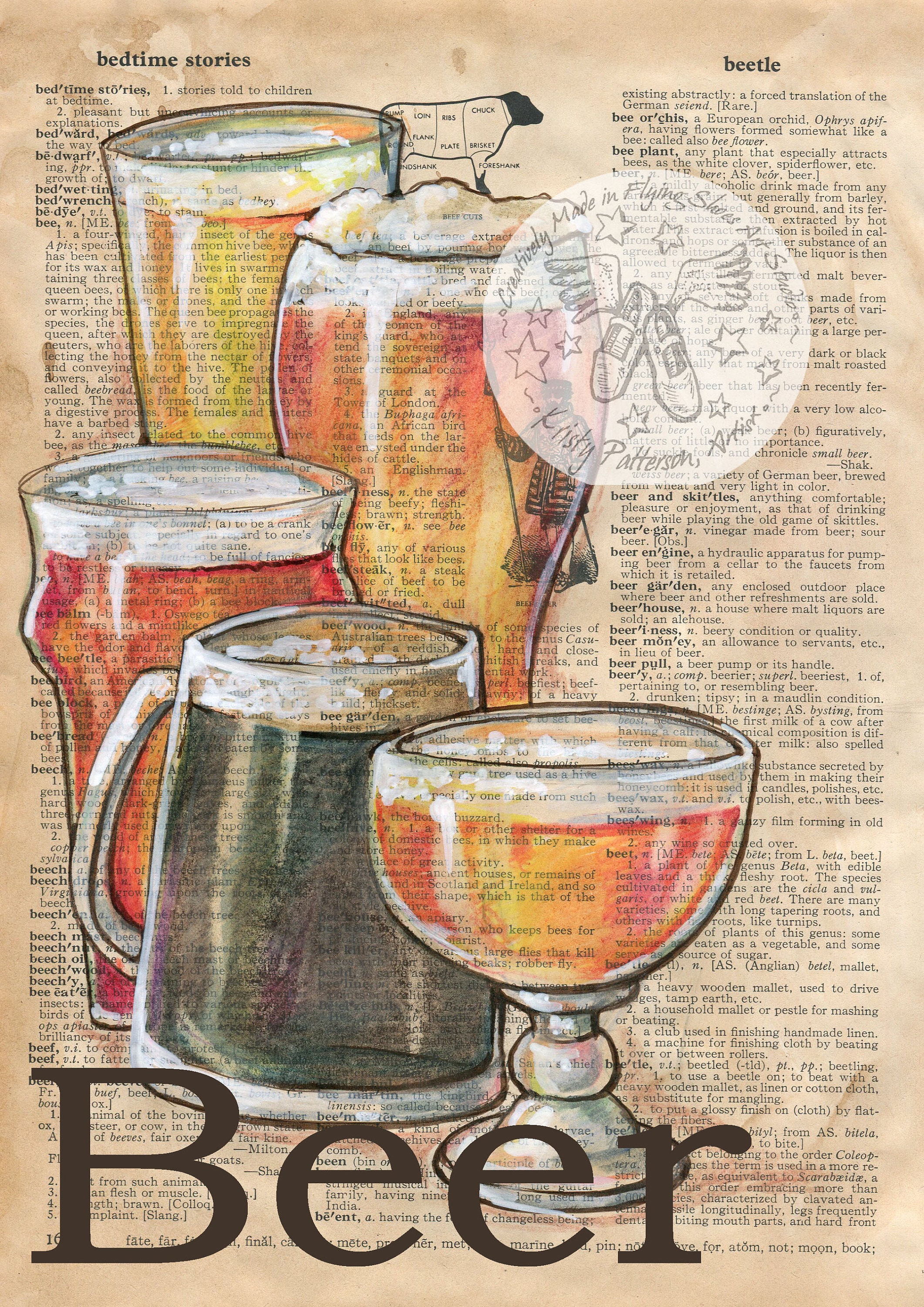 PRINT:  Beer Mixed Media Drawing on Antique Dictionary Page