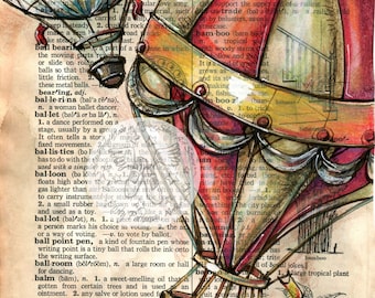 PRINT:  Hot Air Balloon Mixed Media Drawing on Distressed, Dictionary Page