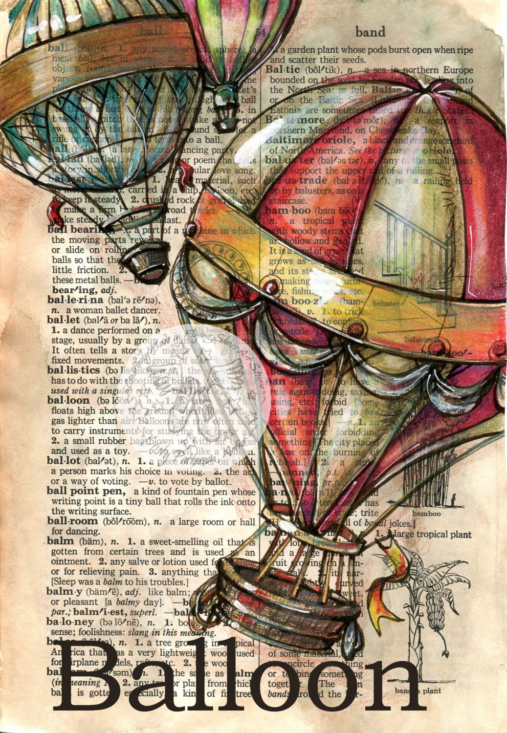 PRINT Hot Air Balloon Mixed Media Drawing on Distressed, Dictionary