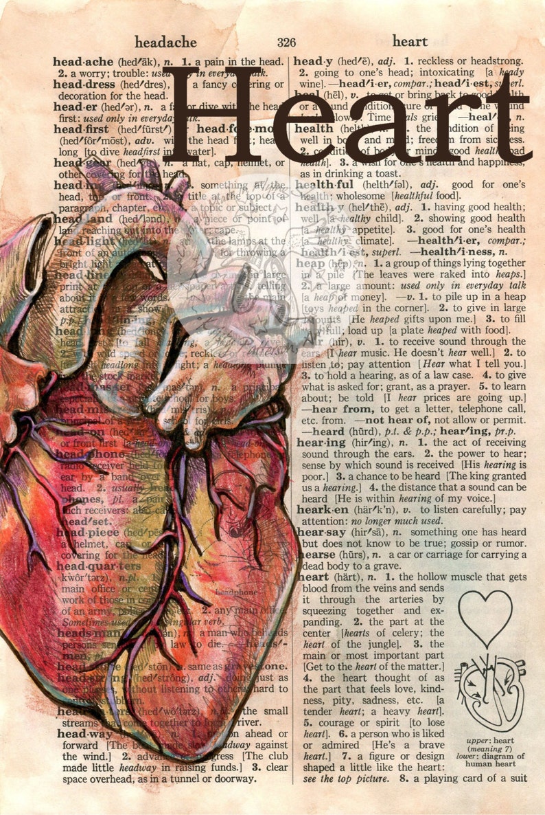 PRINT: Heart Mixed Media Drawing on Distressed, Dictionary Page image 1