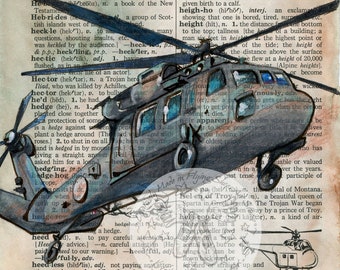PRINT: Helicopter Mixed media Drawing on Distressed, Dictionary Page