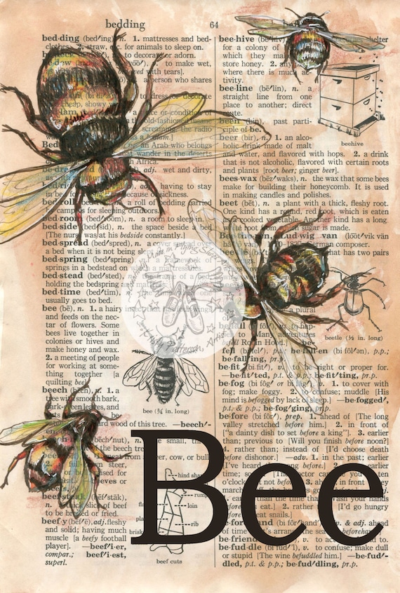 PRINT: Bee Mixed Media Drawing on Distressed Dictionary Page - Etsy