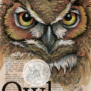 PRINT:  Owl Mixed Media Drawing on Distressed, Dictionary Page