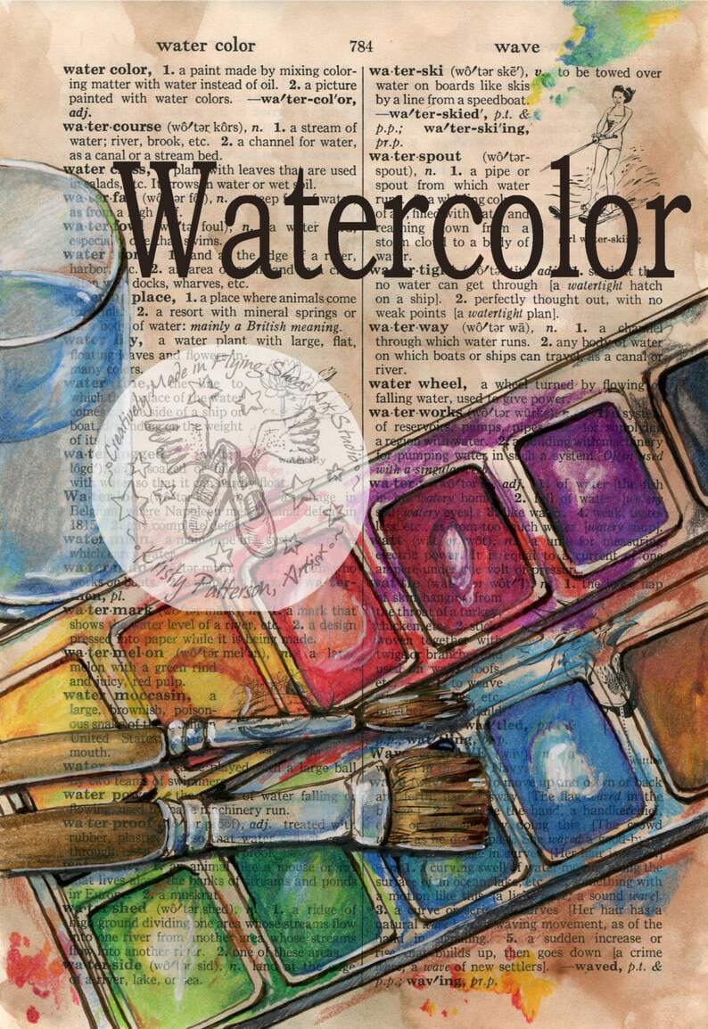 PRINT Watercolor Mixed Media Drawing on Distressed, Dictionary Page Etsy