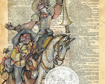 PRINT:  Don Quixote Mixed Media Drawing on Antique Dictionary