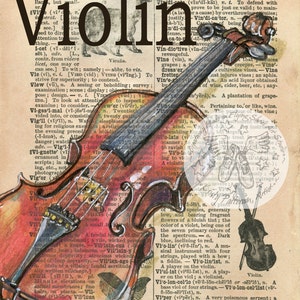 PRINT:  Violin Mixed Media Drawing on Antique Dictionary
