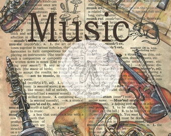 PRINT:  Music Mixed Media Drawing on Antique Dictionary Page