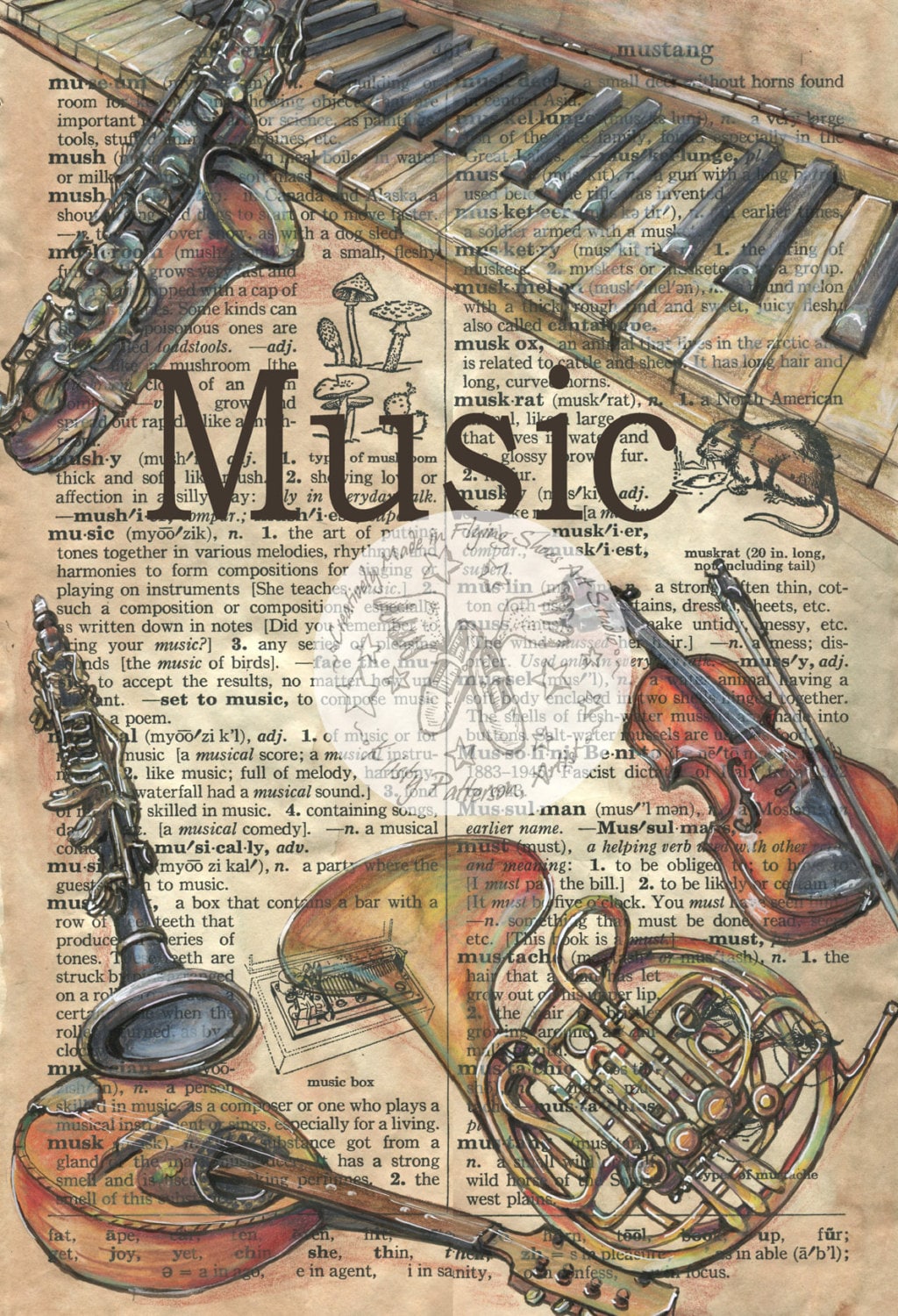 PRINT Music Mixed Media Drawing on Antique Dictionary Page Etsy