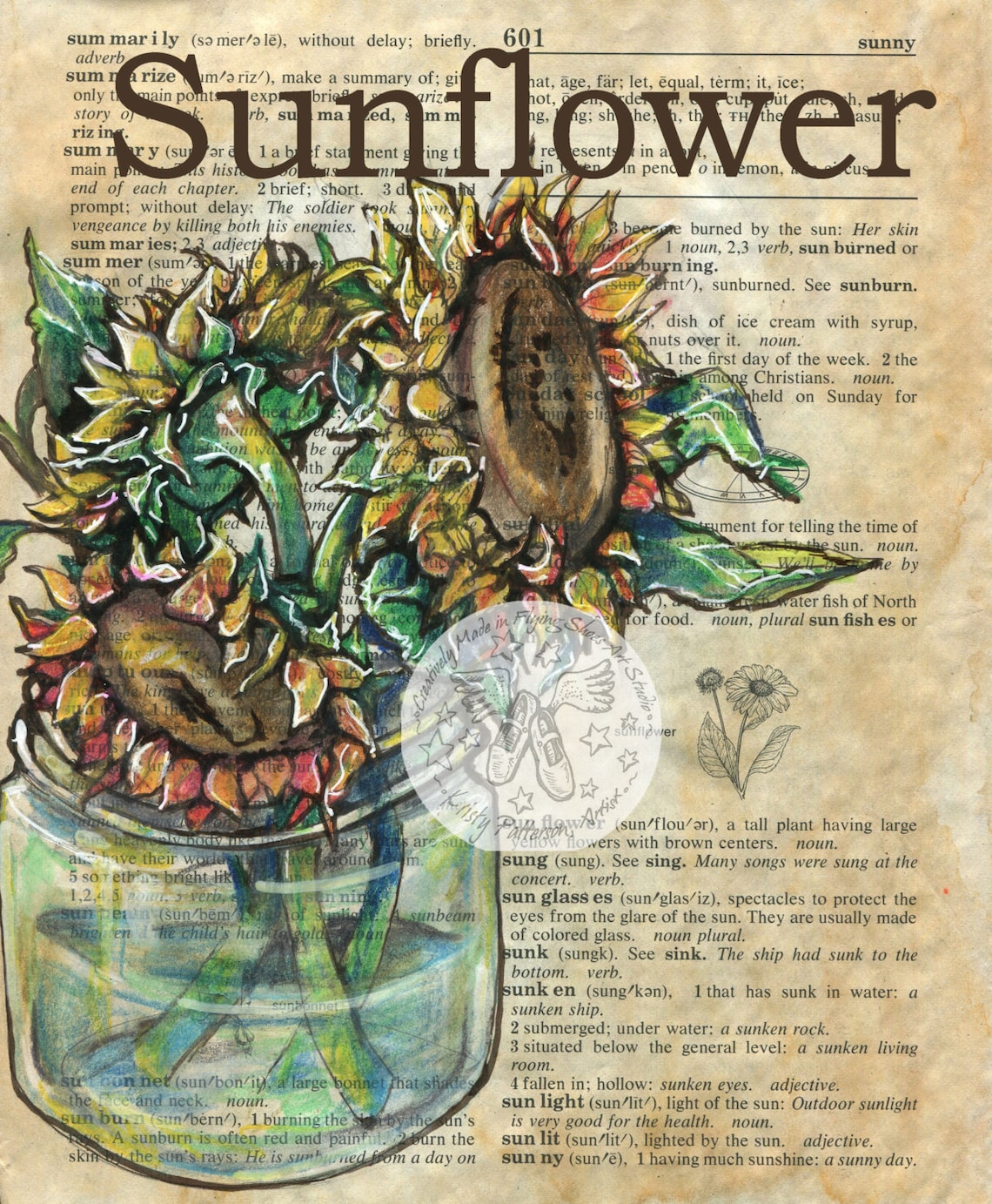 PRINT: Sunflower Mixed Media Drawing on Antique Dictionary - Etsy