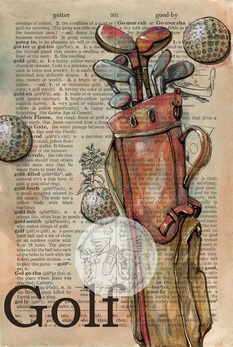 PRINT Golf Mixed Media Drawing on Distressed, Dictionary Page Etsy