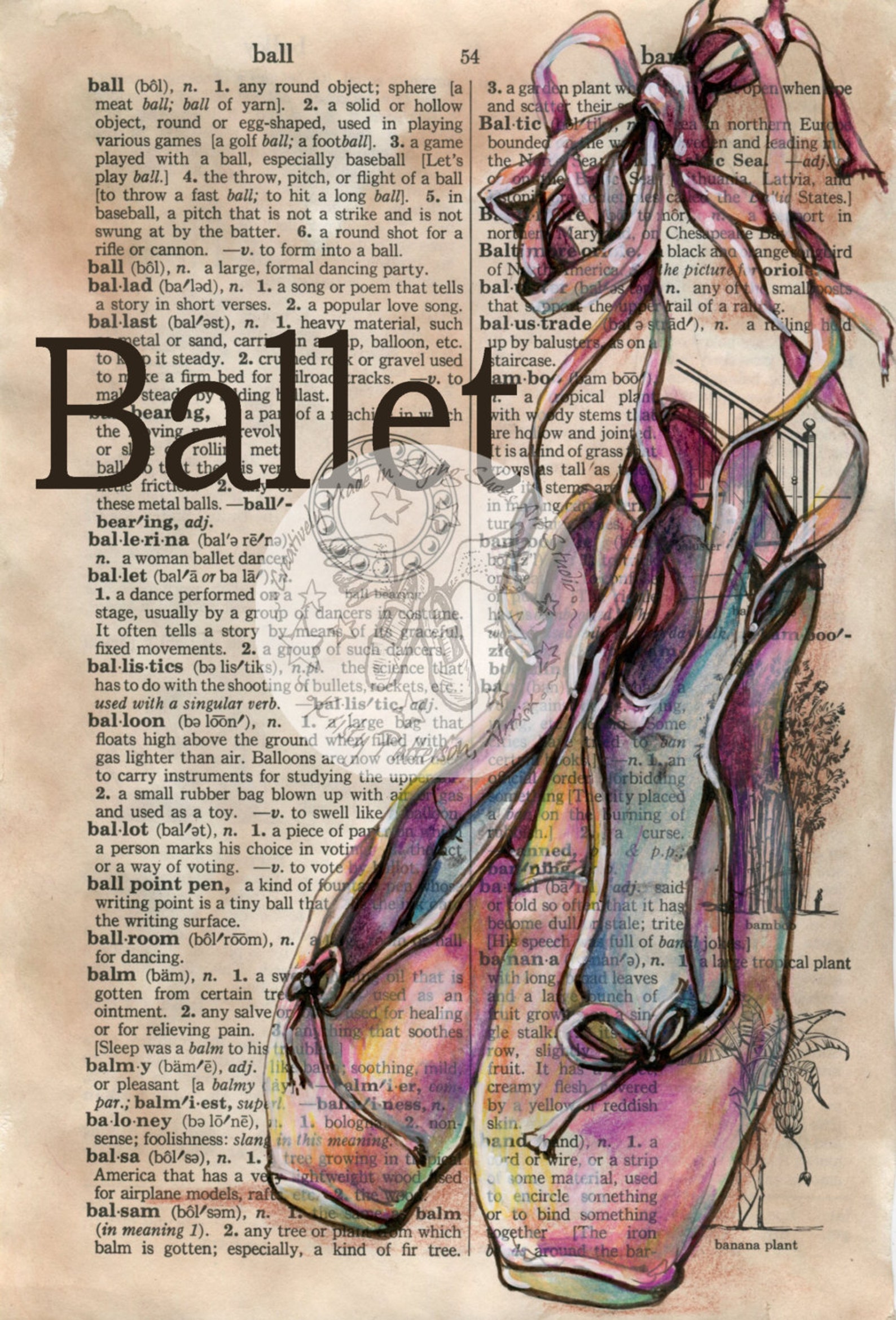 print: ballet shoes mixed media drawing on distressed, dictionary page
