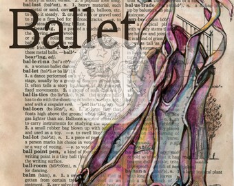 PRINT:  Ballet Shoes Mixed Media Drawing on Distressed, Dictionary Page