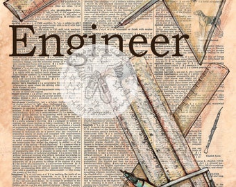 PRINT:  Engineer Mixed Media Drawing on an Antique Dictionary Page