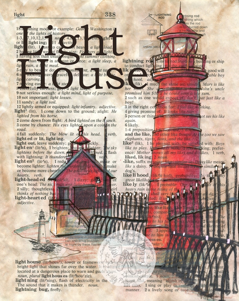 PRINT Lighthouse Mixed Media Drawing on Dictionary Page Etsy