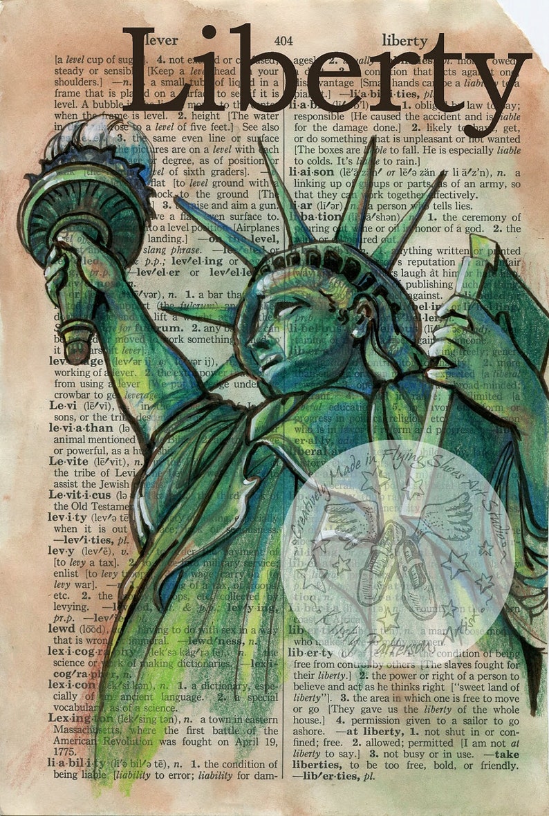 PRINT Liberty Mixed Media Drawing on Distressed, Dictionary Page Etsy