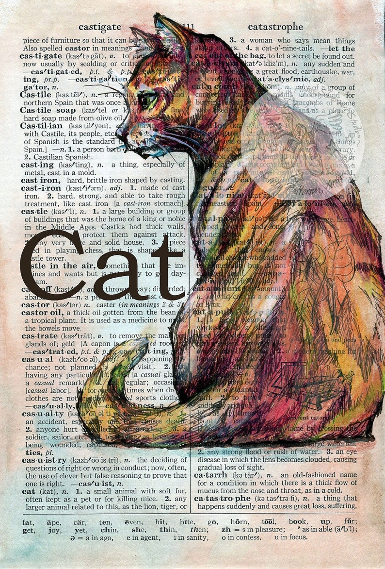 PRINT: Cat Mixed Media Drawing on Distressed, Dictionary Page image 1