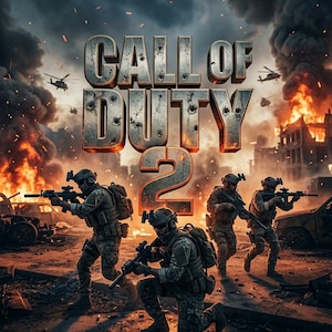 May include: A promotional poster for Call of Duty 2 featuring four soldiers in tactical gear holding rifles in a war-torn city. The title Call of Duty 2 is displayed in large, metallic, bullet-ridden letters above the soldiers amidst fire and smoke.