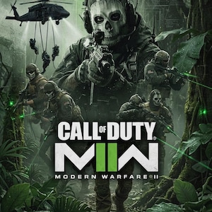 Op de afbeelding: Een promotieposter voor Call of Duty Modern Warfare II met een centrale soldaat die een schedelmasker draagt, omringd door tactische teamleden in een jungleomgeving met een helikopter en de speltitel in het wit en groen.