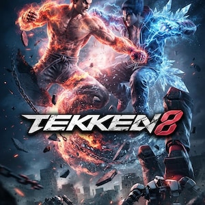 Puede incluir: La portada del videojuego Tekken 8 muestra a dos personajes en una pose de combate dinámica. Un personaje está rodeado de llamas naranjas, mientras que el otro está envuelto en rayos azules y cristales de hielo. El título Tekken 8 aparece en blanco y rojo.