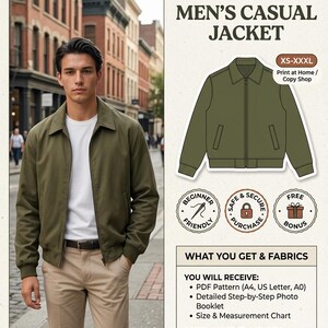 Patrón de costura para chaqueta de hombre con cremallera frontal y puños acanalados, estilo bomber (descarga en PDF)