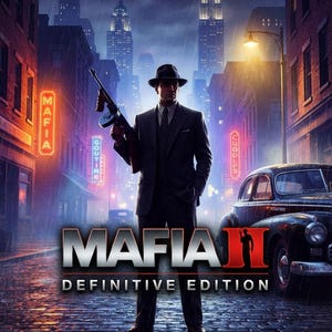 Puede incluir: Un póster digital de Mafia II Definitive Edition que muestra a una persona con traje de rayas oscuras y sombrero fedora sosteniendo una ametralladora. La escena ocurre en una calle lluviosa de noche con letreros de neón y un coche antiguo.