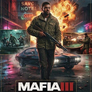 May include: A video game cover for Mafia III Definitive Edition featuring a man in a green jacket holding a shotgun in front of a black car. The background shows a large explosion, a hotel sign, a boat scene, and a casino scene with the game title.