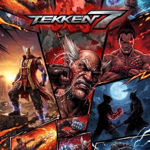 Könnte beinhalten: Ein Tekken 7 Werbeposter mit einer Collage von Charakteren in Kampfposen. Das Kunstwerk zeigt verschiedene Kämpfer mit leuchtenden Energieeffekten, Feuer und Blitzen vor dunklen, dramatischen Hintergründen, einschließlich eines roten Mondes.