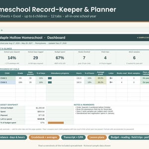 May include: A digital homeschool record-keeper and planner spreadsheet for Google Sheets and Excel. The dashboard displays school year progress, child attendance, grades, and budget snapshots with tabs for attendance, gradebooks, and lesson plans.