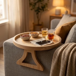 Puede incluir: Una bandeja redonda de madera clara para el brazo del sofá con superficie plana y base de soporte triangular. La bandeja contiene dos cuencos blancos pequeños con aperitivos, dos vasos transparentes con bebidas y un smartphone sobre una servilleta.