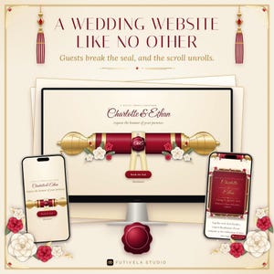 May include: A digital wedding website display featuring a red and gold scroll graphic with floral accents. The text reads A WEDDING WEBSITE LIKE NO OTHER, Guests break the seal, and the scroll unrolls, Charlotte & Ethan, and Break the Seal.