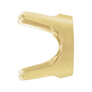 May include: A gold-colored metal component with a U-shaped design featuring two parallel prongs extending from a solid, curved base. The object has a smooth, polished surface with reflective highlights and a consistent, uniform metallic finish.
